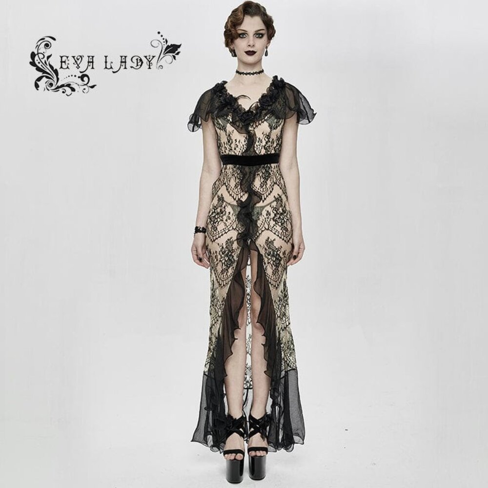 Women's Gothic Turn-down Collar Sheer Floral Lace Dovetail Dress - Picture 1 of 6